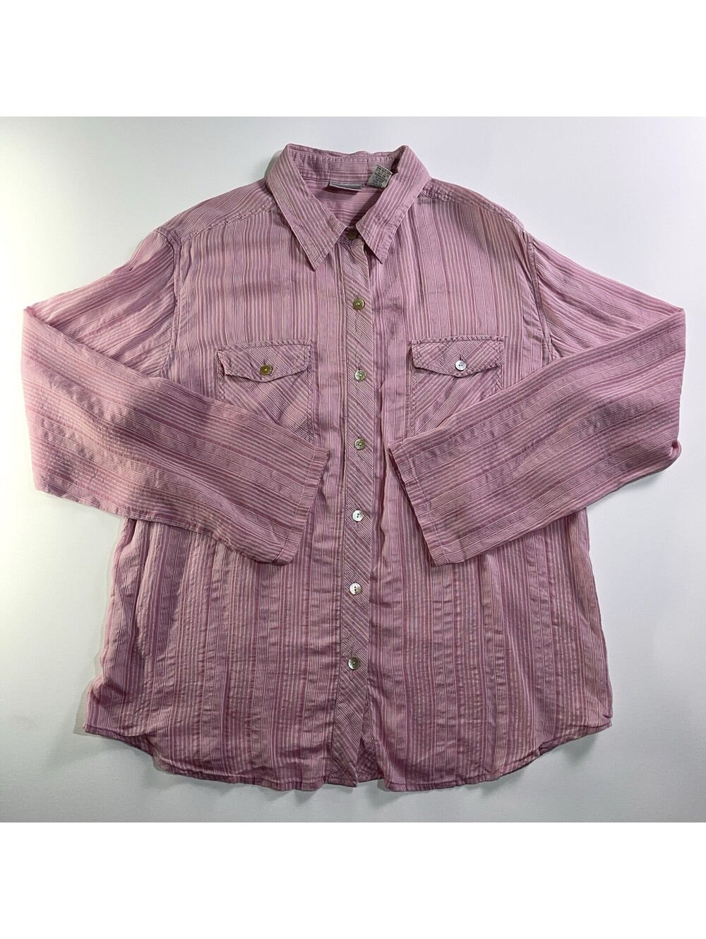 Chico’s Pink Textured Silk Blend Button Up Shirt Women’s Size 2 Large L Striped